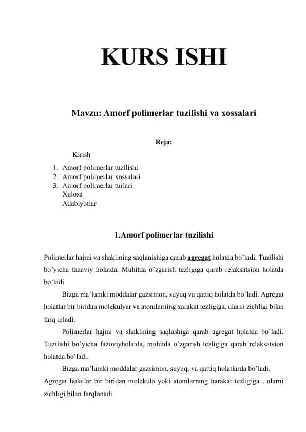 Amorf polimerlar tuzilishi va xossalari