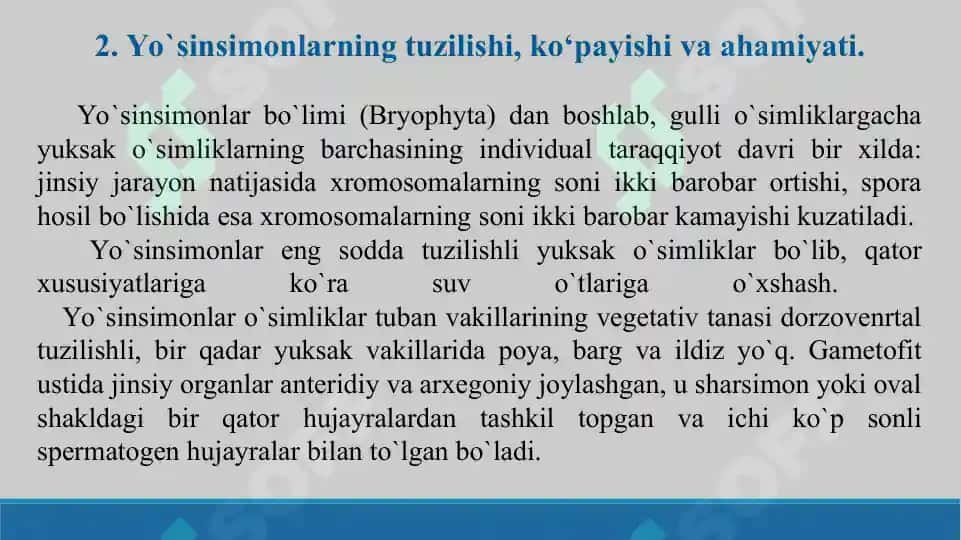 Yuksak sporali o‘simliklarning tuzilishi, ko‘payishi va ahamiyati. Taqdimot 25 bet 5