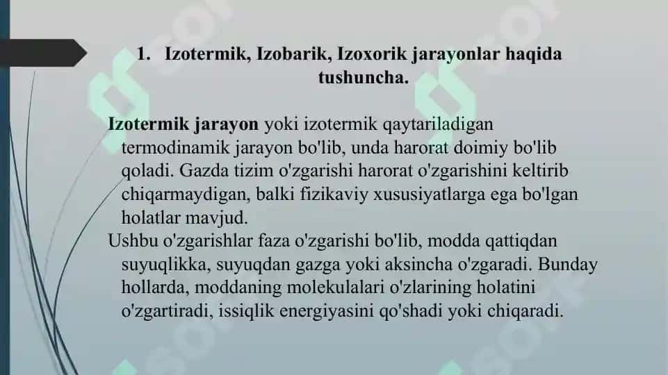 1. Issiqlik va ish, izotermik izoxorik, izobarik jarayonlar. Termodinamikaning nolinchi qonuni, Kirxgof qonuni. Taqdimot 12 bet. 3
