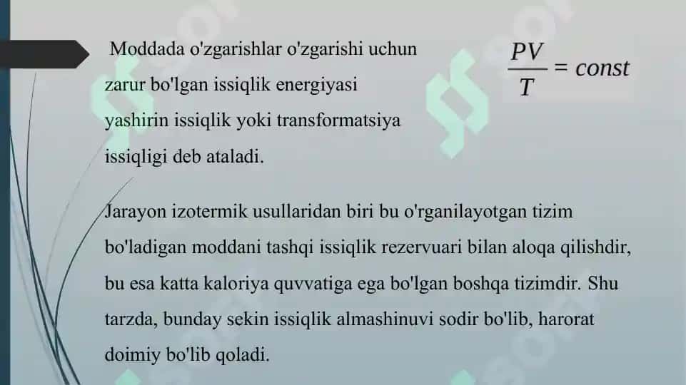 1. Issiqlik va ish, izotermik izoxorik, izobarik jarayonlar. Termodinamikaning nolinchi qonuni, Kirxgof qonuni. Taqdimot 12 bet. 4