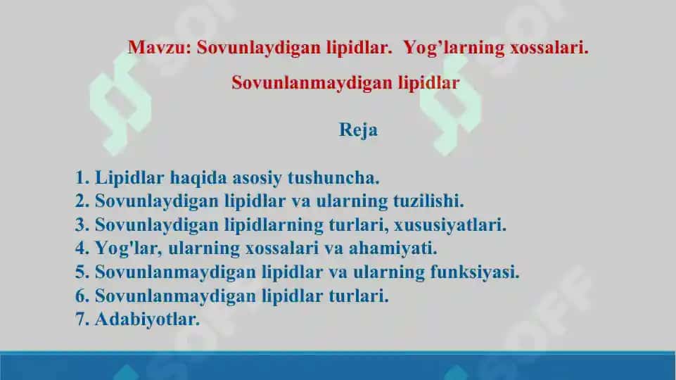 Sovunlaydigan lipidlar.  Yog’larning xossalari. Sovunlanmaydigan lipidlar. Taqdimot 18 bet 2
