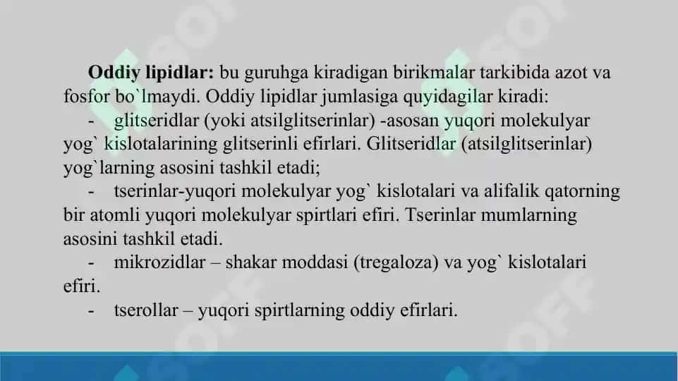 Sovunlaydigan lipidlar.  Yog’larning xossalari. Sovunlanmaydigan lipidlar. Taqdimot 18 bet 5
