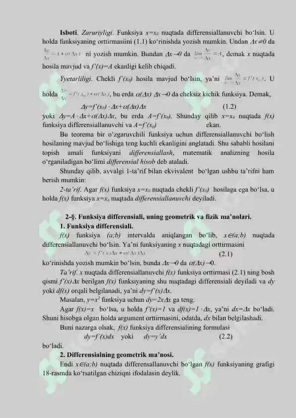 FUNKSIYA DIFFERENSIALI, UNING GEOMETRIK VA MA’NOLARI. FUNKSIYA DIFFERENTSIALINING  TAQRIBIY HISOBLASHLARDA DIFFERENSIALNING QO‘LLANILISHI 3