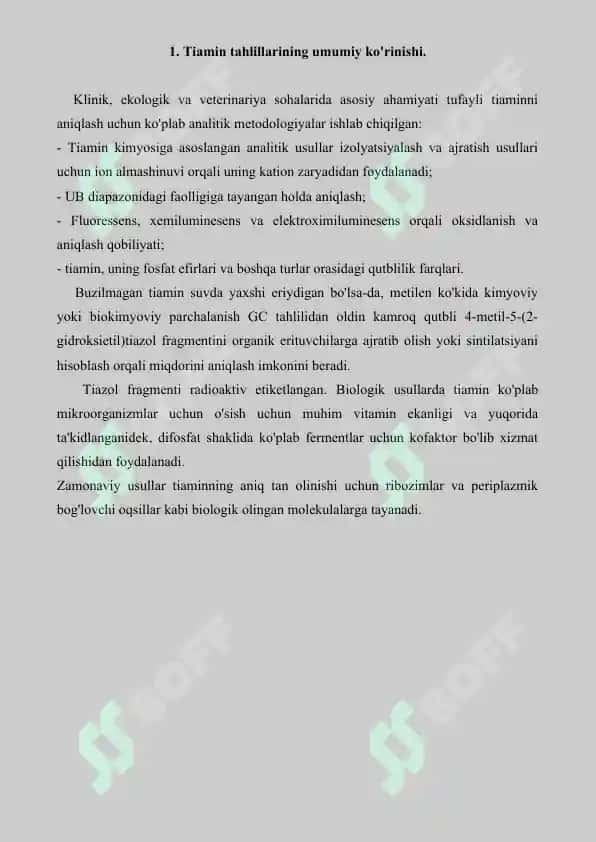 Vitamin B1 ning zamonaviy tahlil usullari. Referat, 10 sahifa. 2