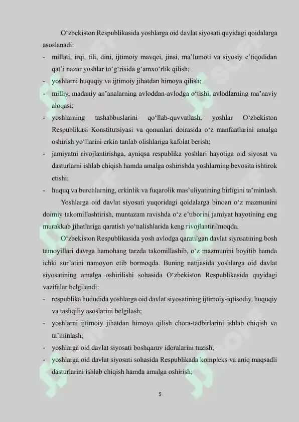 O‘zbekiston Respublikasi yoshlarga oid davlat siyosatini amalga oshirishning o‘ziga xos xususiyati 5