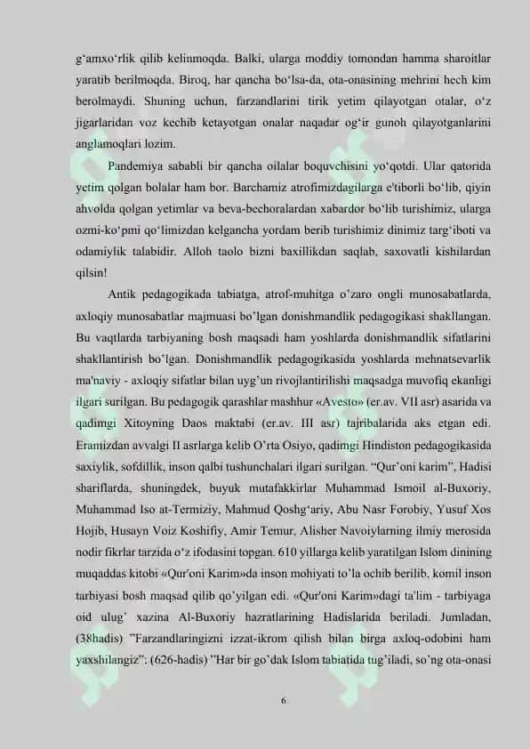 Sharq mutafakkirlari qarashlarida ota-ona qaromog‘isiz qolgan bolalar hamda yetimlik sotsial hodisa sifatida ilmiy o‘rganilishi 6
