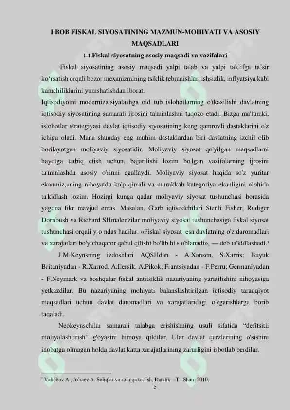 Fiskal siyosatining mohiyati, maqsadlari, vositalari va barqarorlashtirish siyosati. Kurs ishi 5