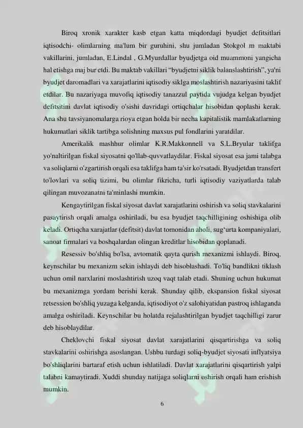 Fiskal siyosatining mohiyati, maqsadlari, vositalari va barqarorlashtirish siyosati. Kurs ishi 6