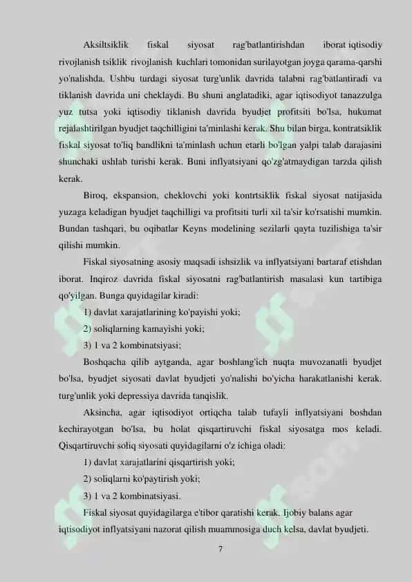 Fiskal siyosatining mohiyati, maqsadlari, vositalari va barqarorlashtirish siyosati. Kurs ishi 7