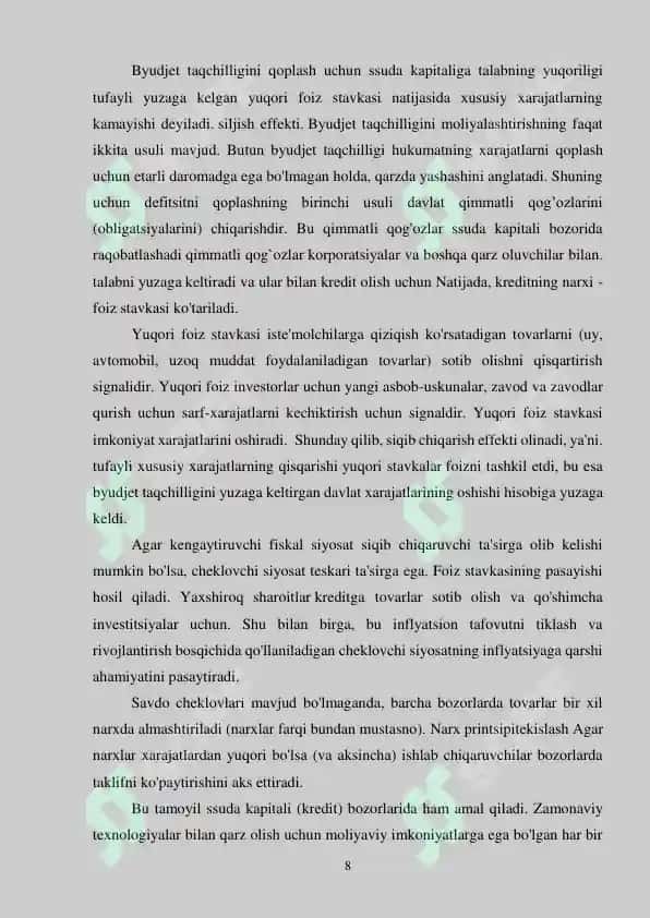 Fiskal siyosatining mohiyati, maqsadlari, vositalari va barqarorlashtirish siyosati. Kurs ishi 8