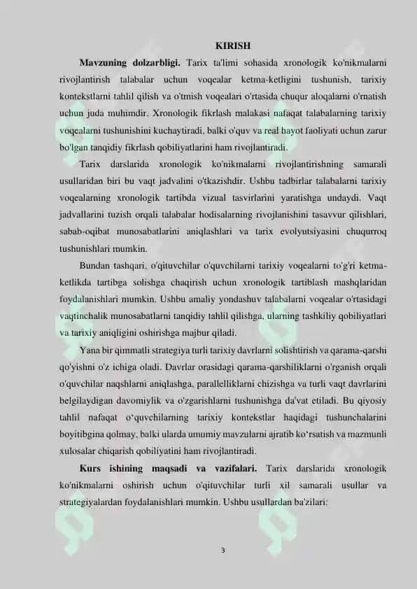 Tarix darslarida xronologik ko'nikmalarni shakllantirish usullari (kurs ishi) 3