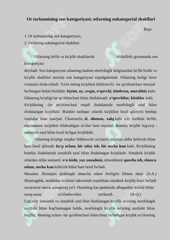 Ot turkumining son kategoriyasi, otlarning nokategorial shakllari