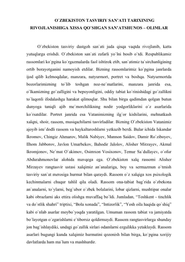 O'ZBEKISTON TASVIRIY SAN'ATI TARIXINING RIVOJLANISHIGA HISA QO'SHISH 1