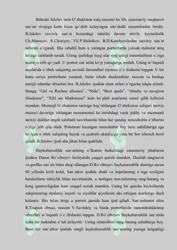 O'ZBEKISTON TASVIRIY SAN'ATI TARIXINING RIVOJLANISHIGA HISA QO'SHISH 2