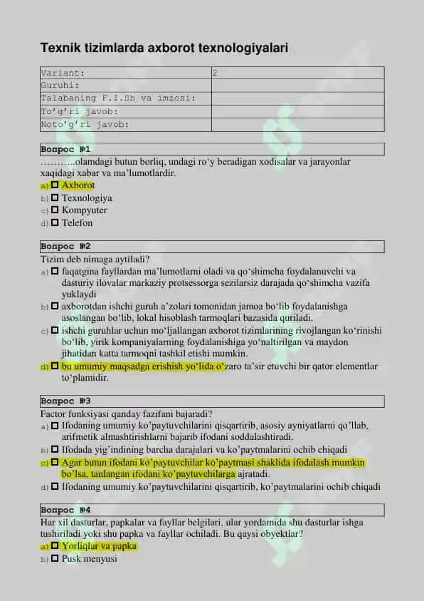 Texnik tizimlarda axborot texnologiyalari test savollar javoblari bilan 5