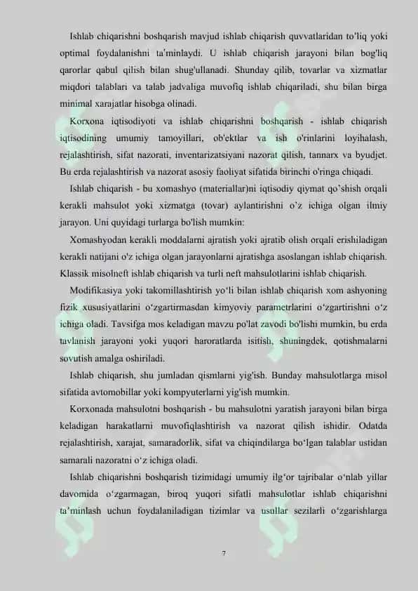 Kurs ishi "Ishlab chiqarish menejmenti" 7