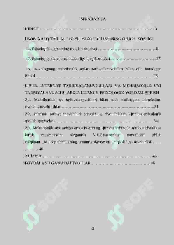 Xalq ta'limi psixologi ishining o'ziga xosligi(mehribonlik uyi,internatlar)sotsial ta'minot sog'liqni saqlash (bolalar uyi) huquq targ'ibot tizimi 2