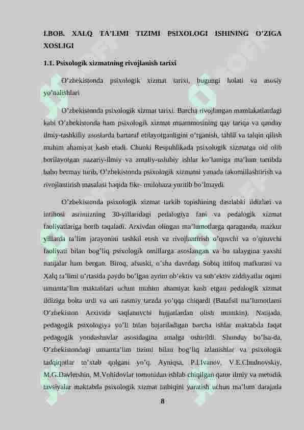 Xalq ta'limi psixologi ishining o'ziga xosligi(mehribonlik uyi,internatlar)sotsial ta'minot sog'liqni saqlash (bolalar uyi) huquq targ'ibot tizimi 8