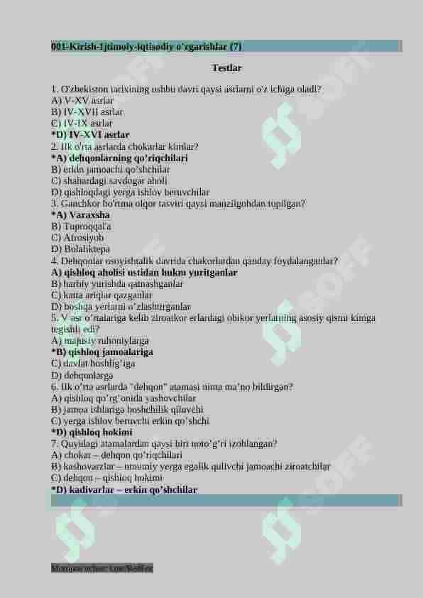 7-sinf O'zbekiston tarixi fanidan testlar 4