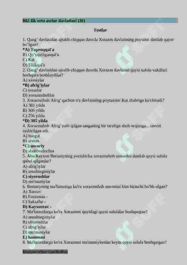 7-sinf O'zbekiston tarixi fanidan testlar 5