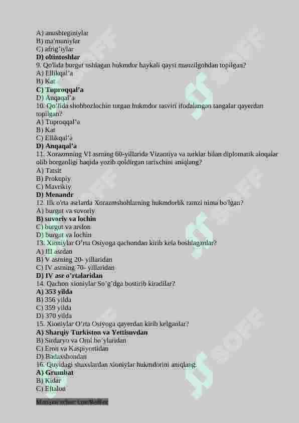 7-sinf O'zbekiston tarixi fanidan testlar 6