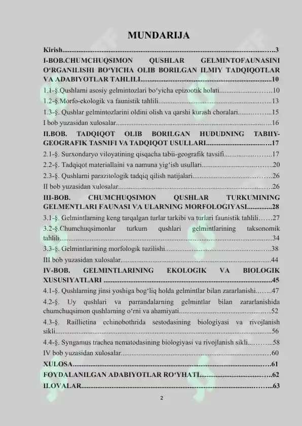 JARQO’RG’ON TUMANI SHAROITIDA CHUMCHUQSIMON (PASSERIFARMIS) QUSHLAR GELMINTOFAUNASI 2