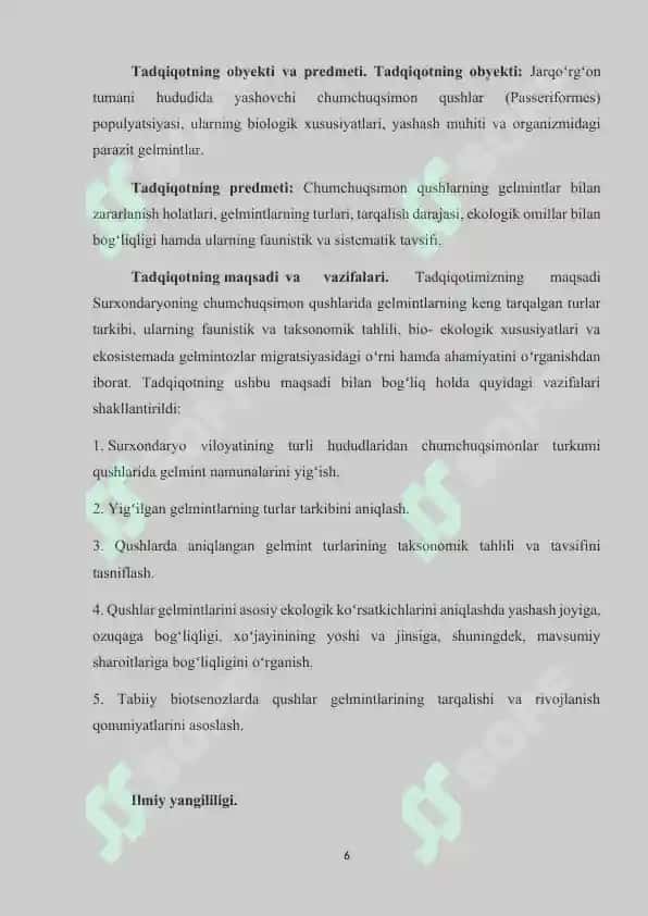 JARQO’RG’ON TUMANI SHAROITIDA CHUMCHUQSIMON (PASSERIFARMIS) QUSHLAR GELMINTOFAUNASI 6
