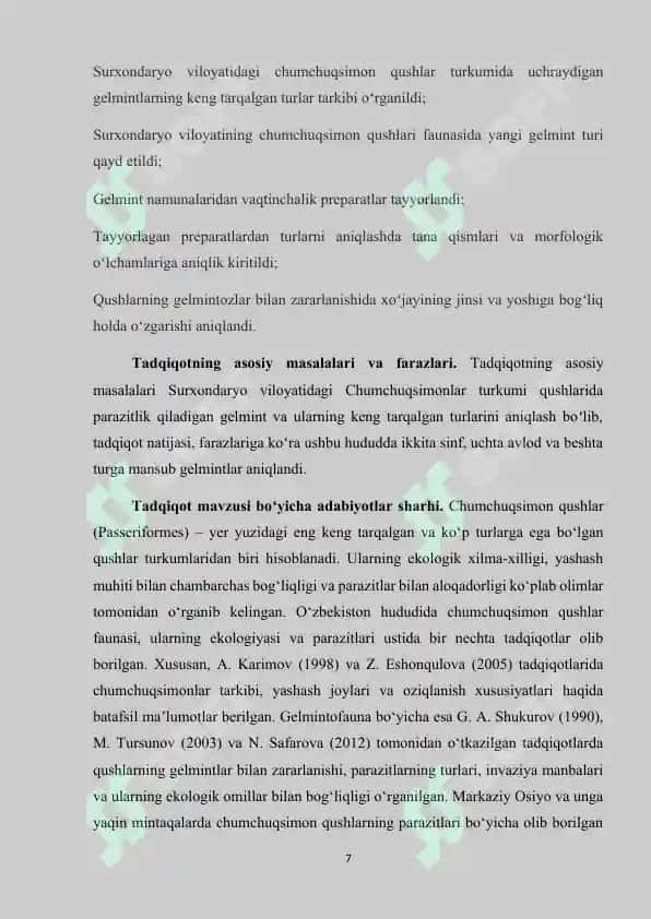 JARQO’RG’ON TUMANI SHAROITIDA CHUMCHUQSIMON (PASSERIFARMIS) QUSHLAR GELMINTOFAUNASI 7