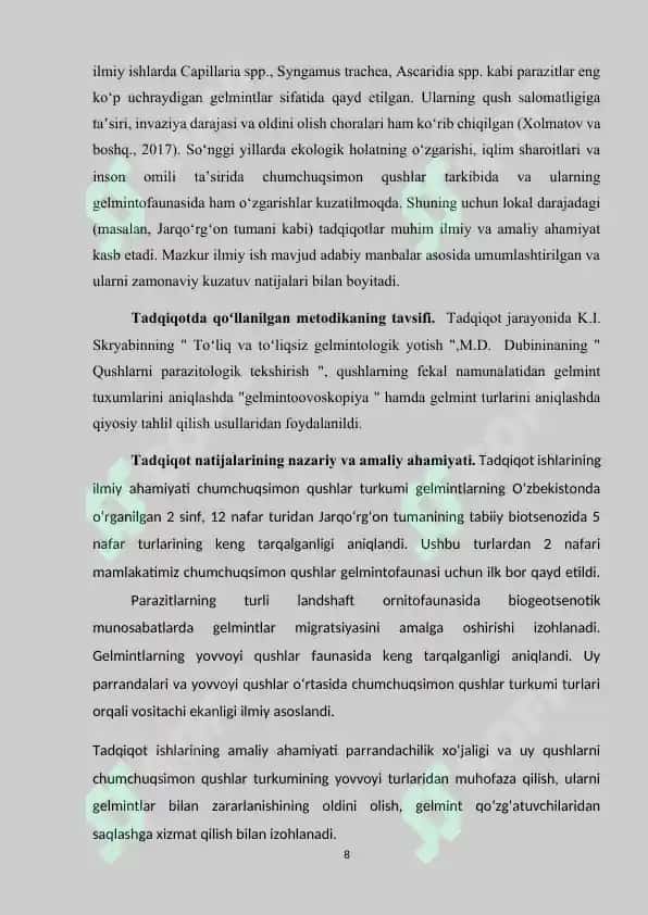 JARQO’RG’ON TUMANI SHAROITIDA CHUMCHUQSIMON (PASSERIFARMIS) QUSHLAR GELMINTOFAUNASI 8