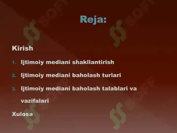Medialarning ijtimoiy mazmuni. Ijtimoiy media turlari (formalari). Ijtimoiy mediani baholash. Ijtimoiy mediada tahdidlar 2