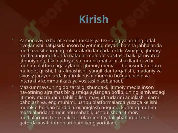Medialarning ijtimoiy mazmuni. Ijtimoiy media turlari (formalari). Ijtimoiy mediani baholash. Ijtimoiy mediada tahdidlar 3