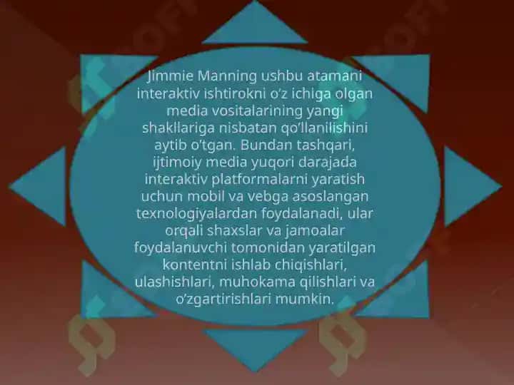 Medialarning ijtimoiy mazmuni. Ijtimoiy media turlari (formalari). Ijtimoiy mediani baholash. Ijtimoiy mediada tahdidlar 5