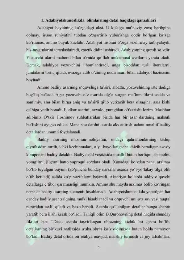 Badiiy adabiyotda detalning qoʻllanilishi. Ulug‘bek Hamdam ijodi misolida 5