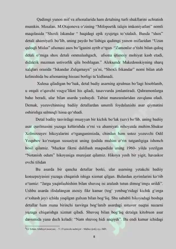 Badiiy adabiyotda detalning qoʻllanilishi. Ulug‘bek Hamdam ijodi misolida 8