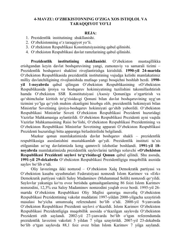 O’ZBEKISTОNNING O’ZIGА ХОS ISTIQLОL VА TАRАQQIYOT YO’LI 1