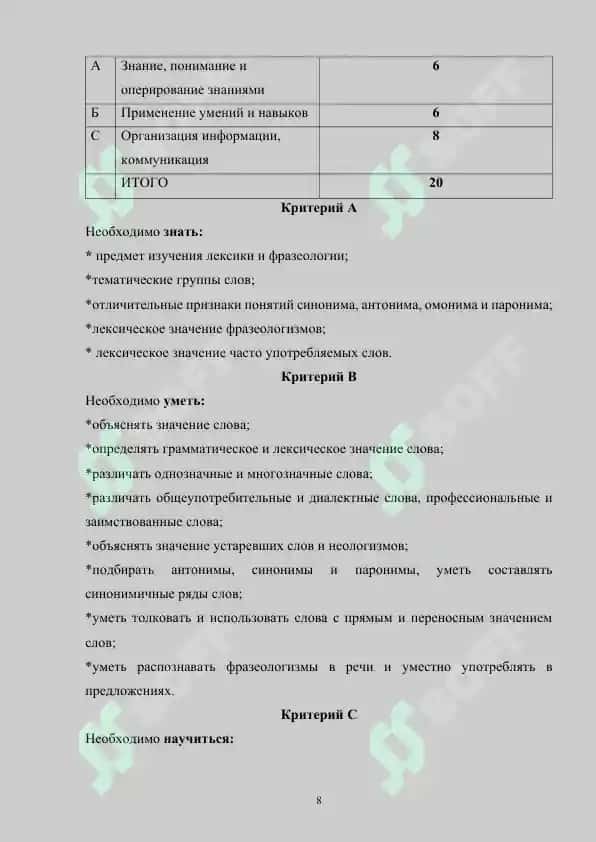 Применение критериального оценивания в формировании языковой компетенции учащихся при изучении русского языка 8