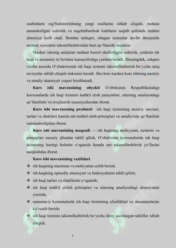 Ish haqi: mohiyati, turlari va prinsiplari   kurs ishi 5