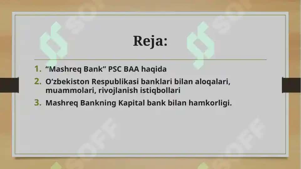 Mashreq Bank“Mashreq Bank “ PSC (BAA) bilan O’zbekiston Respublikasi banklarining aloqalari: muammolari va rivojlanish istiqbollari 2