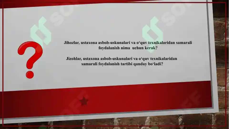 Professional taʼlim tizimida o‘quv jizohlari, ustaxona asbob-uskunalari va transport vositalaridan samarali foydalanish. O‘quv jihozlari, ustaxona asbob-uskunalari va transport vositalaridan foydalanish yuklamasini hisoblash 2