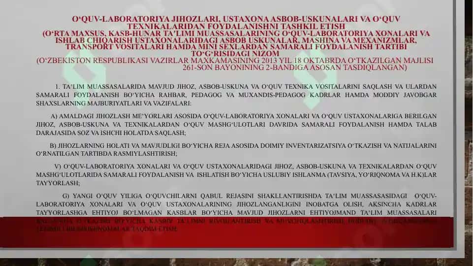 Professional taʼlim tizimida o‘quv jizohlari, ustaxona asbob-uskunalari va transport vositalaridan samarali foydalanish. O‘quv jihozlari, ustaxona asbob-uskunalari va transport vositalaridan foydalanish yuklamasini hisoblash 3