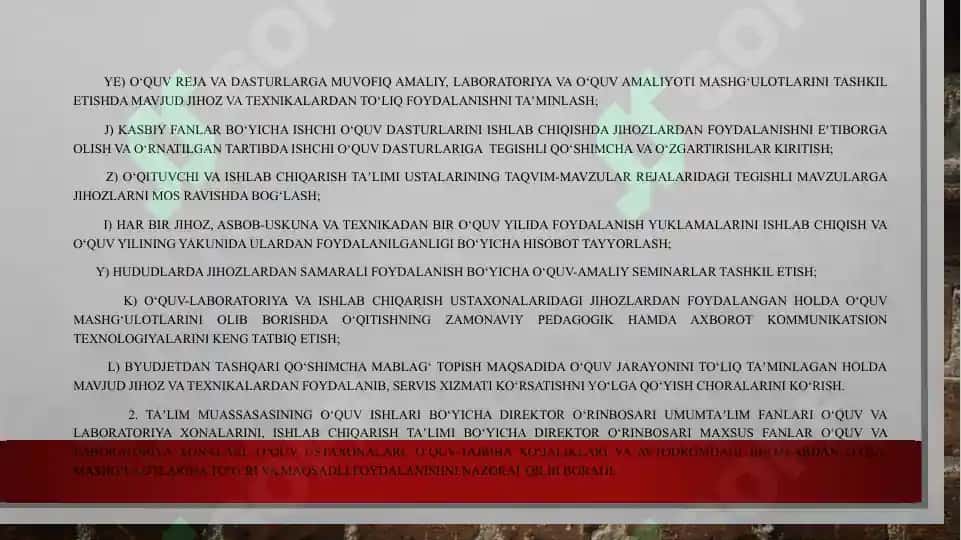 Professional taʼlim tizimida o‘quv jizohlari, ustaxona asbob-uskunalari va transport vositalaridan samarali foydalanish. O‘quv jihozlari, ustaxona asbob-uskunalari va transport vositalaridan foydalanish yuklamasini hisoblash 4