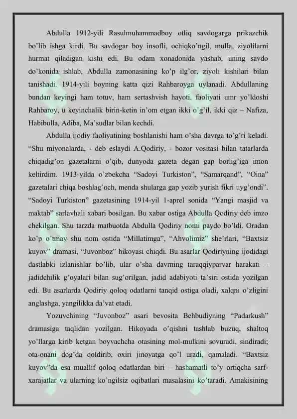 Abdulla Qodiriy va o'zbek ramanchiligi yangi mustaqil ishi 3