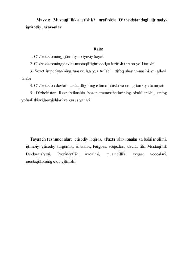 Mustaqillikka erishish arafasida O‘zbekistondagi ijtimoiy-islohotlar 1