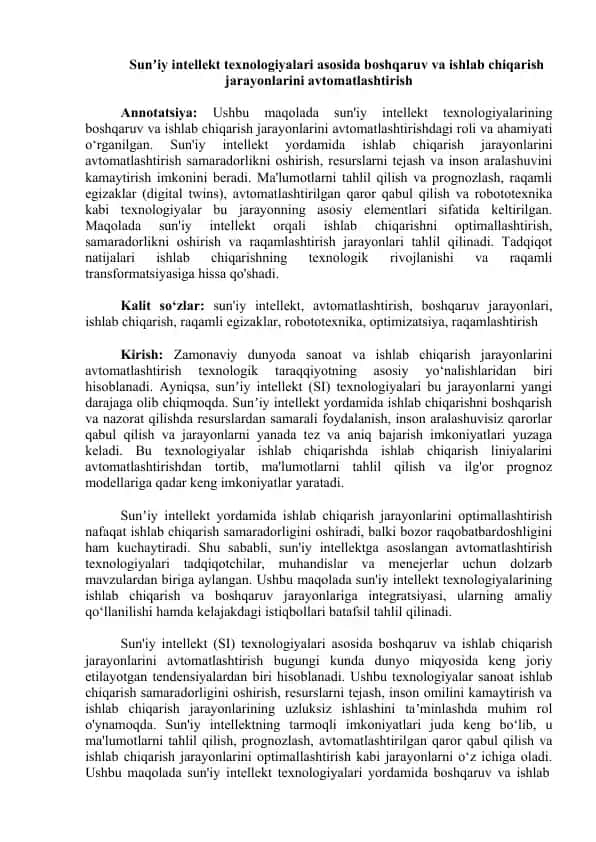 Sun'iy intellekt texnologiyalari asosida boshqaruv va ishlab chiqarish