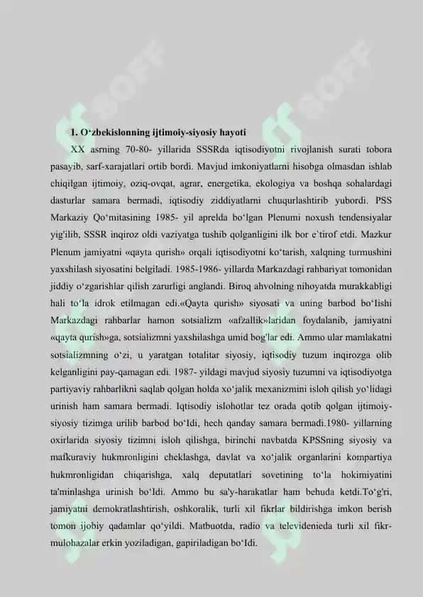Mustaqillikka erishish arafasida O‘zbekistondagi ijtimoiy-iqtisodiy jarayonlar 2
