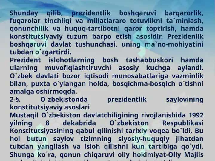 O`zbekiston respublikasida olib boriladigan prezident saylovi 8