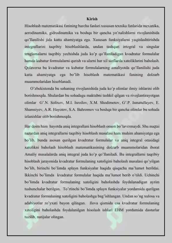 Splayn funksiyalar yordamida kvadratur formula qurish 3