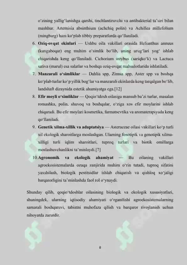 Qoqio'tdoshlar (Asteraceae) oilasi 8