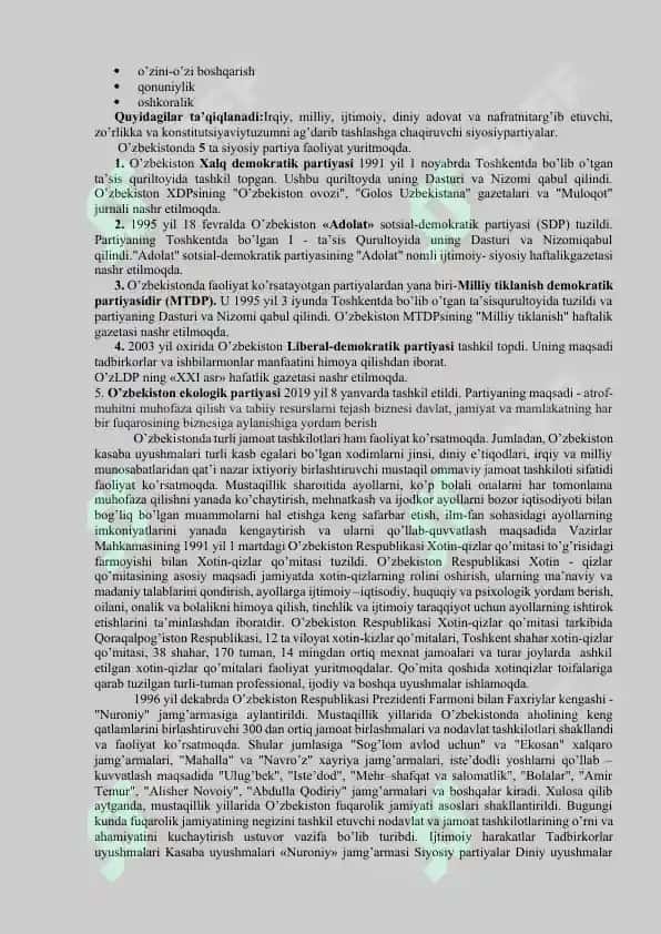 O’zbekistonda demokratik fuqarolik jamiyati asoslarining shakllanishi, amalga oshirilgan siyosiy islohotlar 2