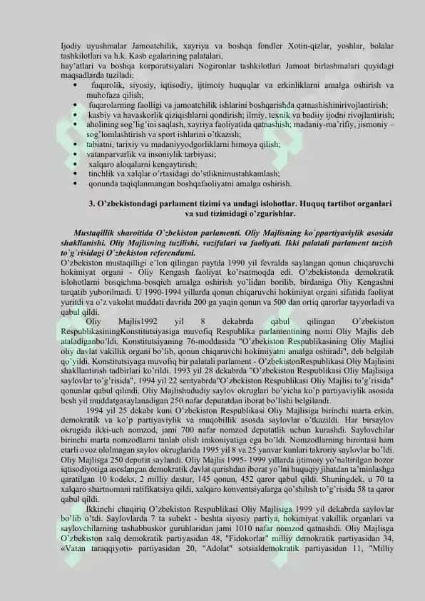 O’zbekistonda demokratik fuqarolik jamiyati asoslarining shakllanishi, amalga oshirilgan siyosiy islohotlar 3